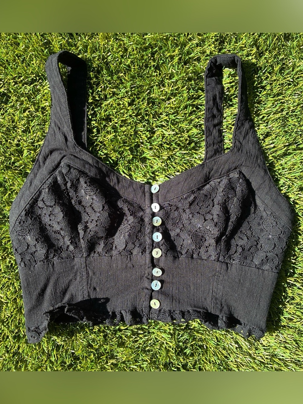 Free People black lace button up crop top with floral embroidery